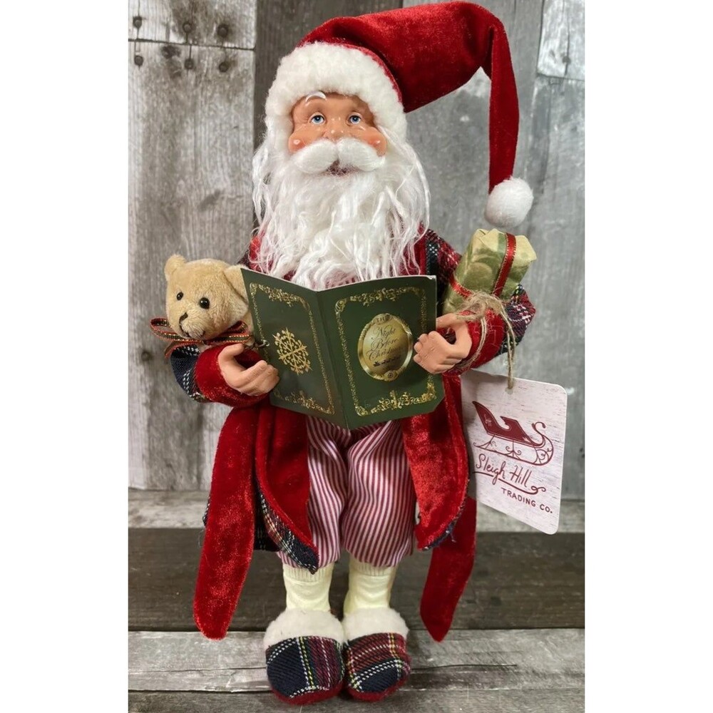 NEW Sleigh Hill Trading Co 12” Santa Figurine Statue Pajamas Book Teddy Doll